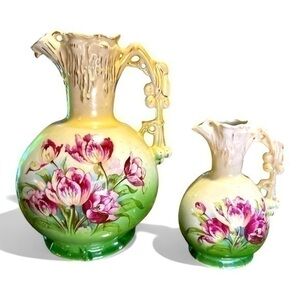 Set of Austrian Antique Jug/Pitchers Floral w Cherry Branch Handle - c.1940’s